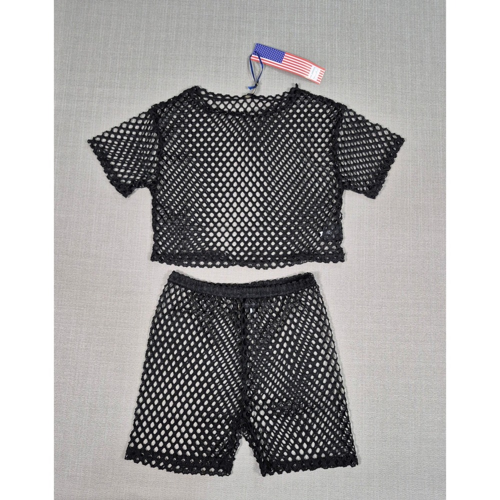 American Leisure Womens Black Fishnet Mesh Crop Top and Shorts Set Size S NEW